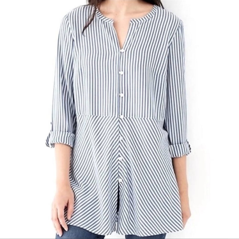 J. Jill Blue & White Striped Button Up Roll Tab Long Sleeve Tunic Size S